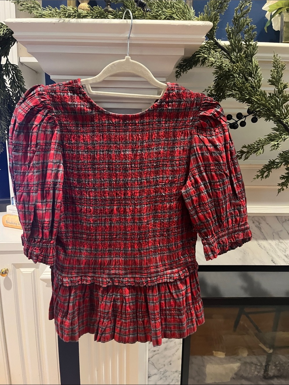 Red Plaid Smocked Peplum Blouse